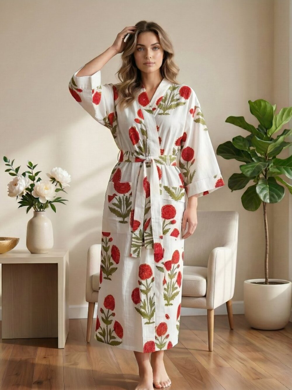 Cotton Kimono Robe Dressing Gown, Floral Block Print Bridesmaid Robe
